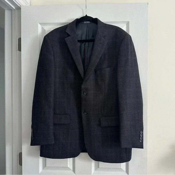 Size 42R Alfred Sung Luxury Wool Navy Blue Plaid Suit Jacket - Picture 2 of 6